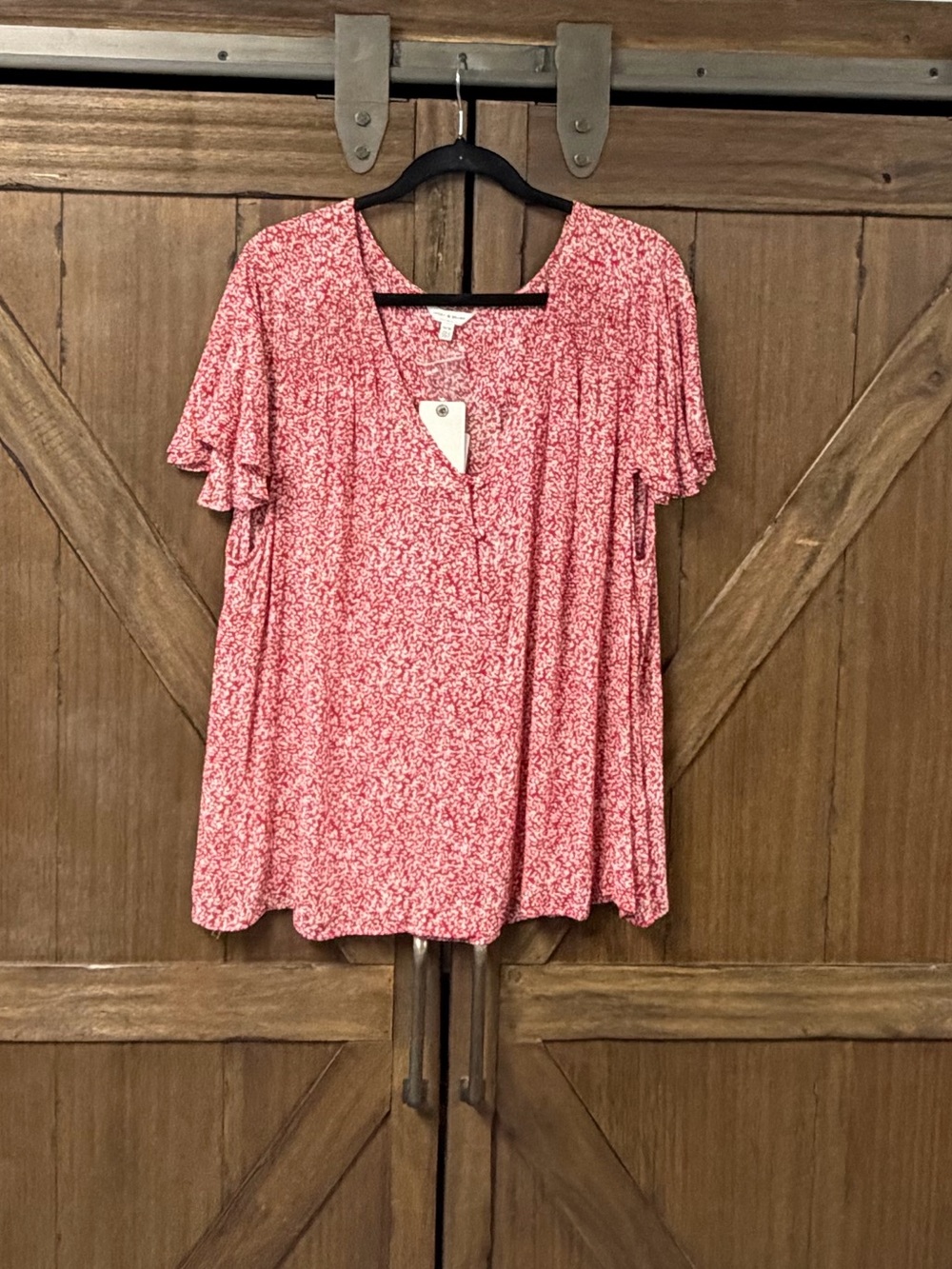 Lucky Brand Red Floral Flutter Sleeve Boho Peasant Top Size 3X NWT
